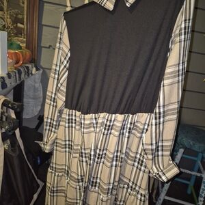 SHEIN Black and Cream Plaid Long Sleeve Dress